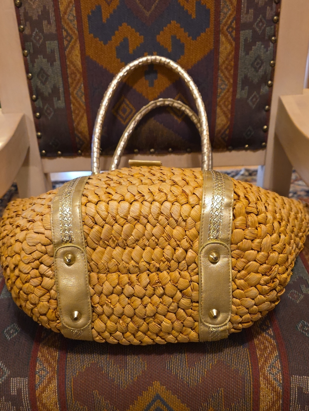 Y2K Straw Woven Vegan Leather Corn Husk Tote Bag Gold Buckle Beach Boho - Picture 12 of 15